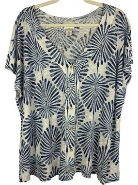 Joie 1X Palm Leaf Print Linen Blend Button-Front V-Neck Top Navy Blue White